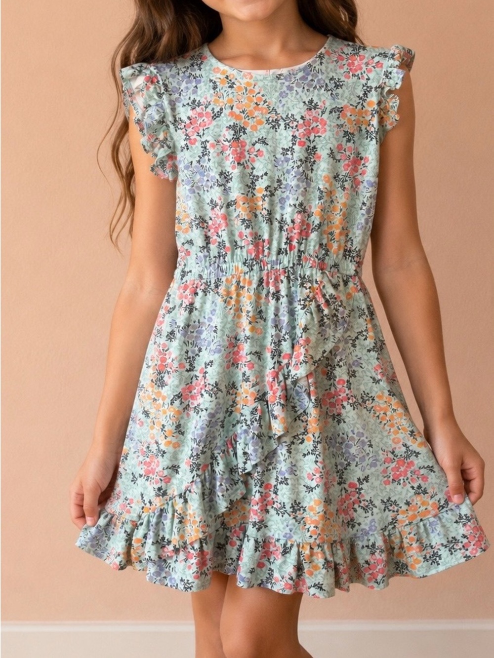 Girls' Floral Ruffle Dress - Mint with Coral & Lavender